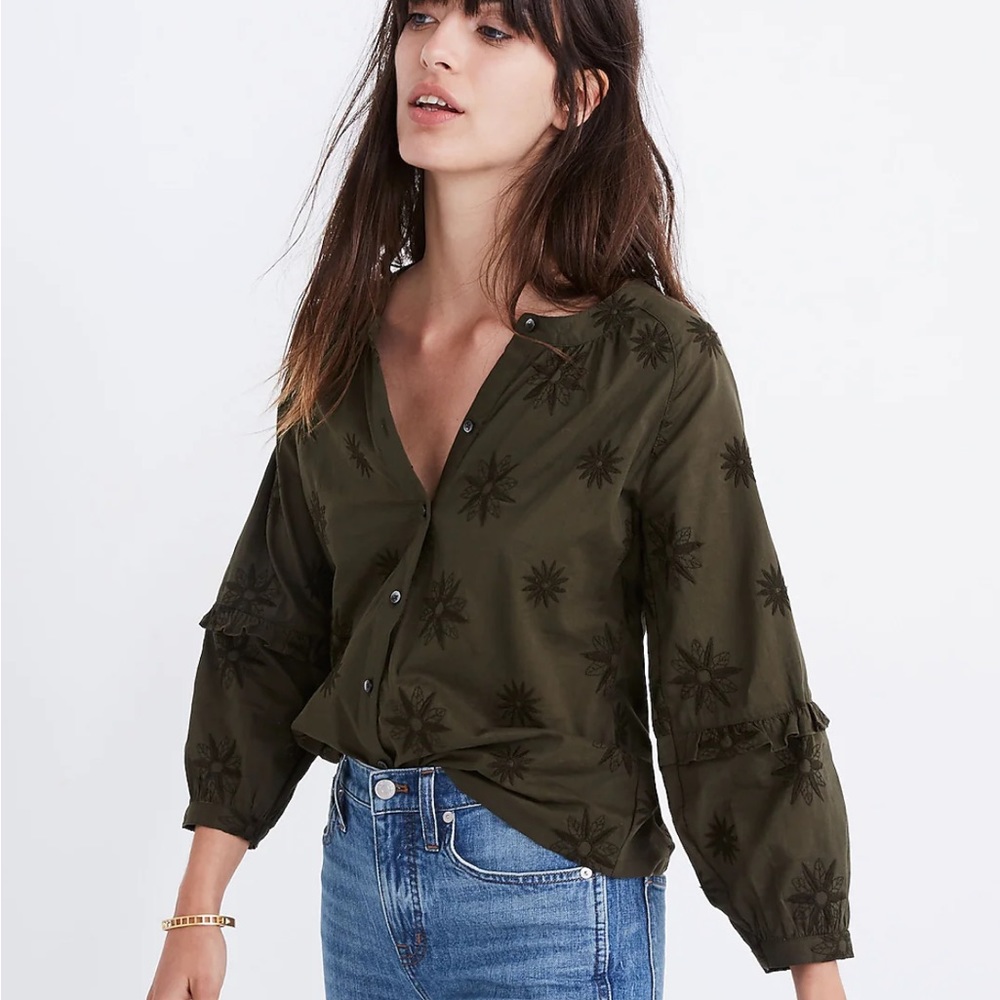 Madewell Olive green Embroidered Bubble-Sleeve Shirt